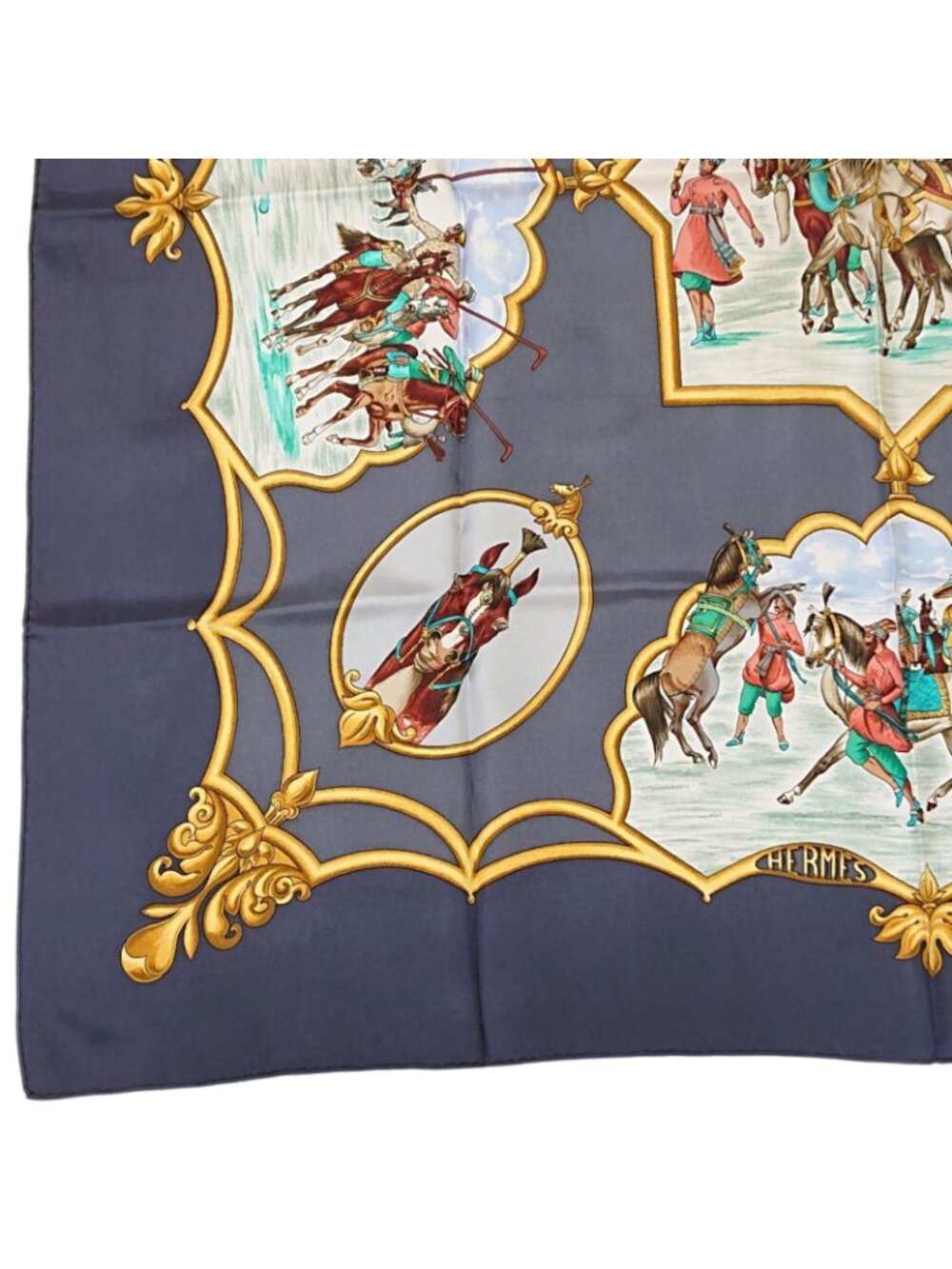 Hermes Carre 90 Les Chevaux Des Moghols Silk Scarf Gray 1993 View 2